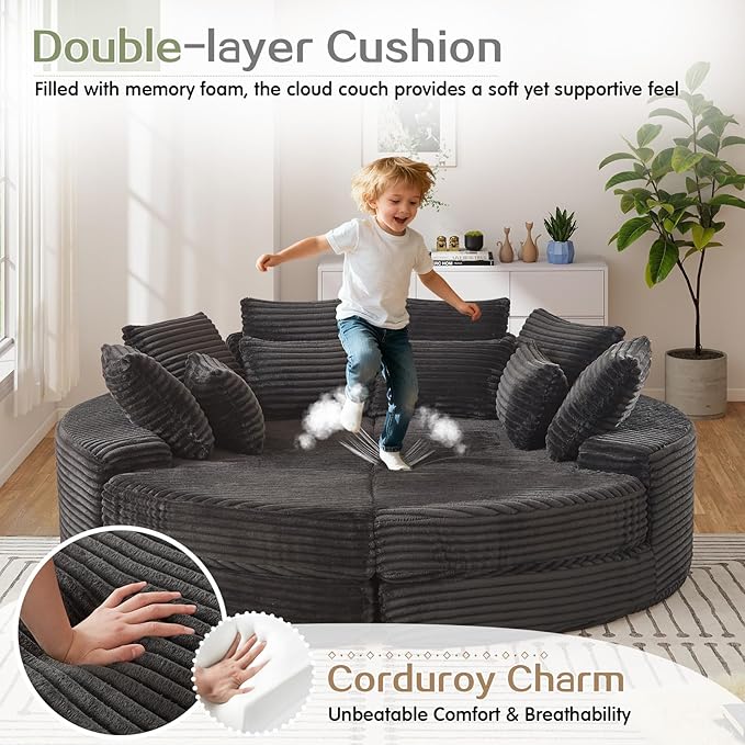 Antetek Chaise Lounge Chair Indoor, Convertible Folding Futon Sofa Bed w/ 5 Pillows, Fluffy Corduroy Boneless Compressed Memory Foam Couch for Living Room, Bedroom (Black, Left Half)