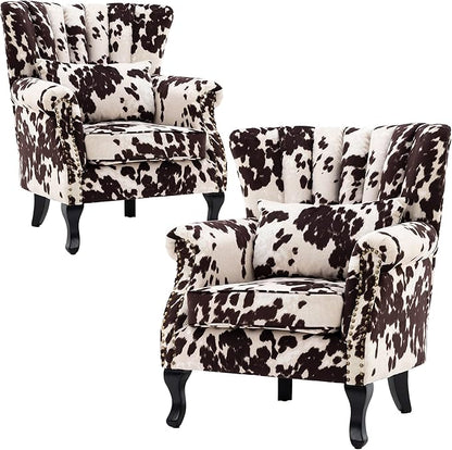 DM Furniture Cow Print Accent Chairs Set of 2 with Arm Comfy Velvet Living Room Chair Mid-Century Modern Wingback Side Chair Single Sofa Couch for Bedroom Guest Room