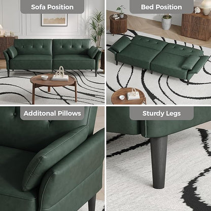 89” Futon Sofa Bed,Futon Couch Bed with 2 Square Pillows,Convertible Sleeper Sofa with Adjustable Backrest& Armrests, Modern Loveseat Sleeper for Living Room, Bedroom,Faux Leather Green