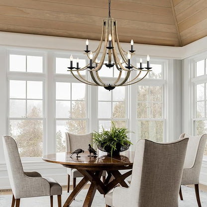 Farmhouse Chandeliers for Dining Room Light Fixture, 2 Tier 12-Light 41" Adjustable Height Retro Faux Wood Texture Rustic Light Fixtures for Living Room Bedroom Kitchen Island Foyer Entryway