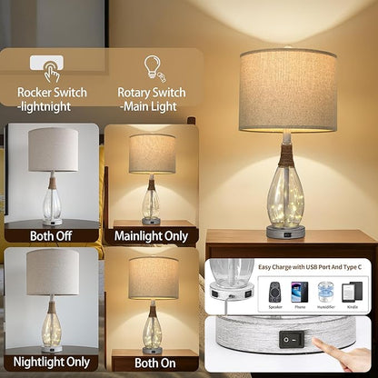 OYEARS 23" Table Lamps for Living Room Set of 2 Bedside Lamps for Night Stands Bedroom Lamps Farmhouse Rattan Boho Lamp Glass Nightlight End Table Lamp with USB C+A (White),Two Light Points