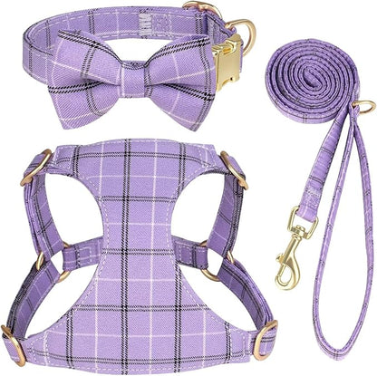 Beirui Cute Extra Small Dog Harness Collar and Leash Set with Bowtie, Soft Adjustable Plaid Puppy Harness for Small Sized Dogs Cats Walks Parties and Photoshoots(Purple,XXS:Chest 12-14")