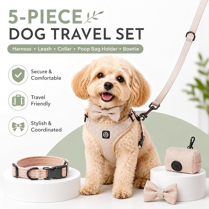 EVERKING 5-Piece Dog Travel Set, Adjustable Harness, Leash, Collar, Poop Bags, Bowtie for Small Medium Dogs, Beige, Breathable No-Pull Design (Beige, S)