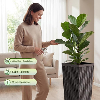 Devoko Resin Tall Planters for Outdoor Plants Set of 2, Large Taper Outdoor Planter Pots with 4 Drainage Holes, Flower Pots Modern Decor for Porch, Patio, Backyard, Garden(Brown, 30''with Trays)