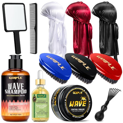 360 Wave Kit for Men Grooming Kit for 360 Waves - 3 Wave Brushes, Soft, Medium & Hard - Satin Durag, Hand Mirror, Hair Comb, Hair Brush Cleaner, Wave Pomade & Shampoo & Rosemary Oil - Best Gift Set