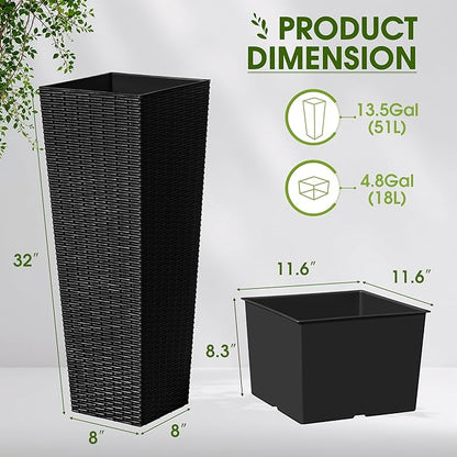 Devoko Resin Tall Planters for Outdoor Plants Set of 2, Large Taper Outdoor Planter Pots with 4 Drainage Holes, Flower Pots Modern Decor for Porch, Patio, Backyard, Home Garden (Black, 32")