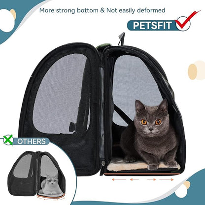 Petsfit Expandable Cat Backpack Carrier for Cats and Small Dogs, 18 lb | 65% expandable rest zone, padded waist belt, airflow back panel, locking zippers, safety tether and washable dual-sided mat.