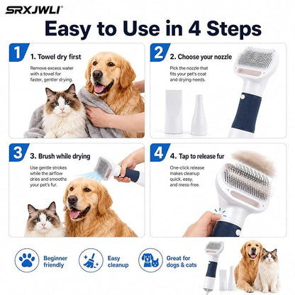 3 in 1 Pet Hair Dryers And Comb Brush High Velocity Blower for Dog Grooming | Portable Quiet Handheld Slicker with Steam Deshedding Intelligent Airflow System for Cats, Puppies and Professional(Pink)