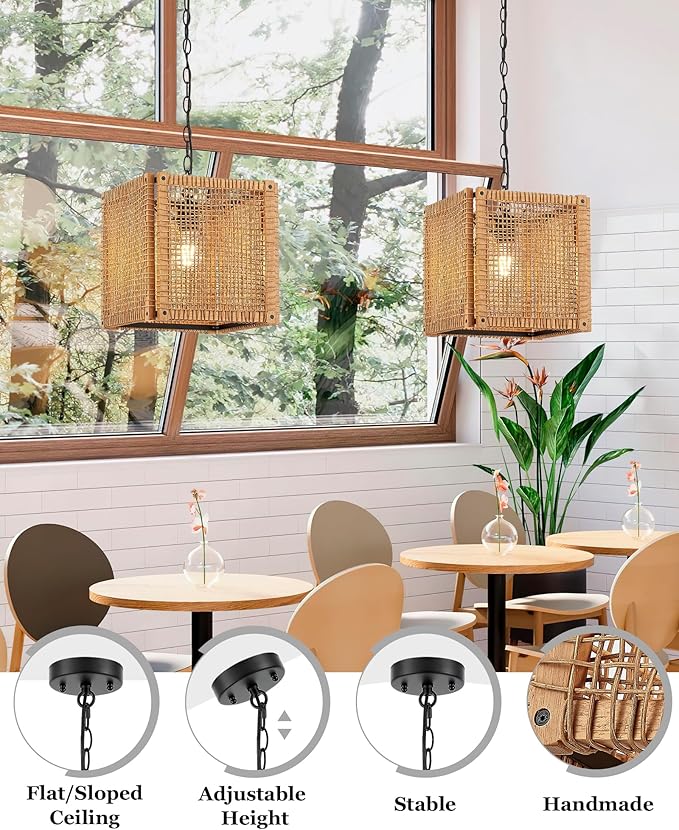 ELYONA 1-Light Rattan Pendant Light, 12" Square Solid Wood Frame Woven Pendant Light Fixtures Boho Adjustable Hanging Chandelier for Dining Room, Kitchen Island, Living Room, Bedroom, Bar, Hallway