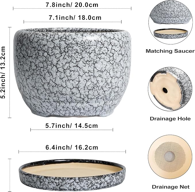 SQOWL 8 inch Plant Pot - Ceramic Planter with Drainage Hole and Saucer, Round Flower Pot for Indoor Plants, Decorative Planter Outdoor, Patio Balcony Decor, House Warming Gifts, Black and White