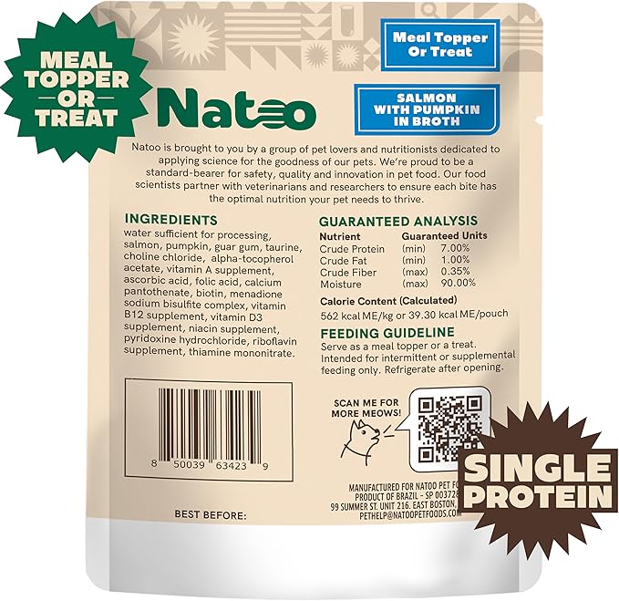 NATOO Cat Food Topper for Picky Eaters & Healthy Soft Cat Treat (Salmon & Pumpkin), Wet Food with Gravy, High Protein & Limited Ingredient, 2.4 oz (Case of 20)