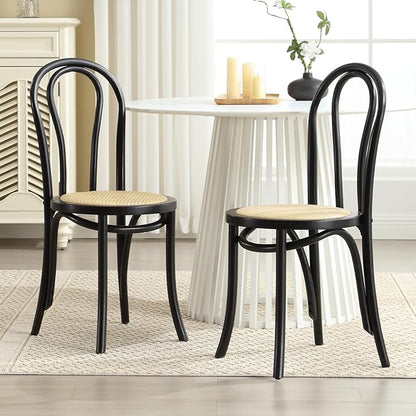 DM Furniture Solid Wood Dining Chairs Set of 4 Mid-Century Modern Rattan Kitchen Room Chairs with Backrest Bentwood Bistro Chairs for Dining/Living Room,Cafe, Black Wood