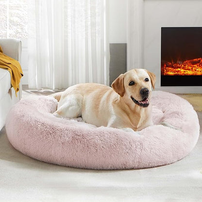 Western Home Calming Donut Large Dog Bed Pet Bed,36" Pink | Fluffy Faux Fur Round Cuddler,Anti-Anxiety,Anti-Slip Bottom,Plush Round Pet Dog Beds for Large Sized Dogs,Up to 80 LBS