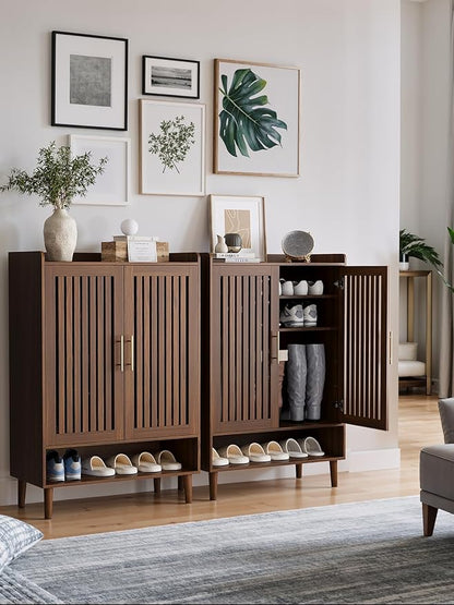 Shoe Storage Cabinet with 2 Slatted Doors, 6-Tier Large Shoe Cabinet with