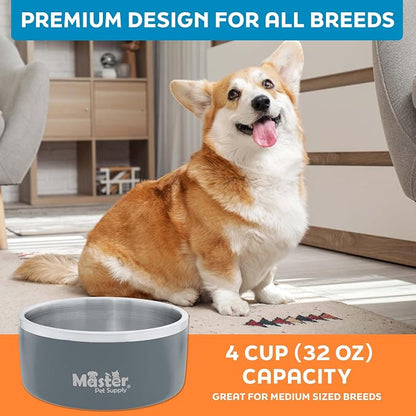 Master Pet Supply Stainless Steel Dog Bowls - 32 oz, Heavy Duty - Graphite, Double Wall Extra-Thick Insulated, Non-Slip Pet Water Bowl for Dogs, Cats & Pets, Anti Rust Metal, Dish Washer Safe