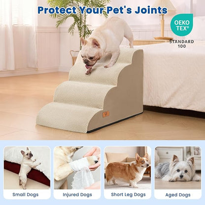 Dog Steps for Bed and Couch, Pet Stairs for Small Dogs and Cats, Khaki | High-Density Foam Support and a Stable 4-Step Ramp Design for Easy Access to Beds and Sofas,H 17.7in
