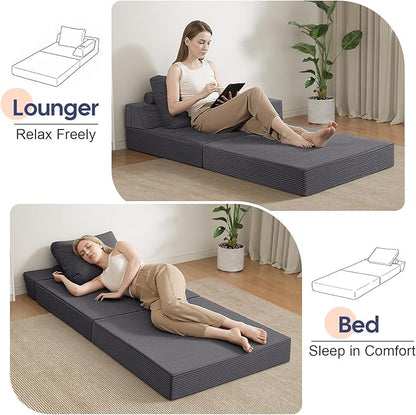 COMAX Folding Sofa Bed, Foldable Couch for Bedroom, Corduroy Convertible Floor Sleeper Futon Chair Foam, 3 in 1 Fold Out Chair Portable Comfy Lounge Couch Single Sofa Bed for Small Space Guest Room