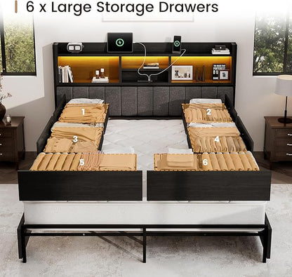 King Bed Frame with 6 Storage Drawers, Linen Upholstered Headboard, Built-in USB Charging Station & LED Lighting, Silent Metal Support, No Box Spring Needed, Vintage Black
