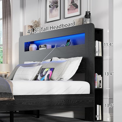 Queen Size Wooden Bed Frame with Bookcace Storage Headboard, Rustic Farmhouse Bedframe with LED Lights and Charging Station, Sturdy and Stable, Slat Support, No Box Spring Required (Black, Queen)