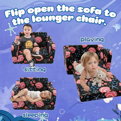 MeMoreCool Folding Kids Couch – 2-in-1 Toddler Sofa Bed, Lounge Chair for Ages 1-3, Playroom Furniture with Removable Cover Lightweight & Portable | Washable | Ideal for Naptime or Travel