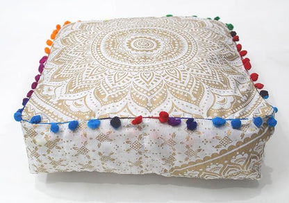 CRAFT KALA 24" Square Large Hippie Mandala Meditation Floor Ottoman Pillow Cushion Pouf Cover Square Poufs Bohemian Circle Floor Cushion Case Outdoor Fireplace Living Room Decor Cover Golden Ombre