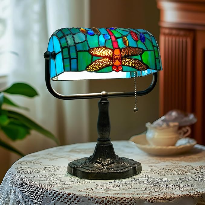 Vintage Tiffany Style Bankers Lamp - Stained Glass Desk Lamp with Pull Chain, Dragonfly Design Table or Desks Light LED Bulb Included, Bankers Desk Lamps for Office Living Room Study Room