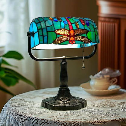 Vintage Tiffany Style Bankers Lamp - Stained Glass Desk Lamp with Pull Chain, Dragonfly Design Table or Desks Light LED Bulb Included, Bankers Desk Lamps for Office Living Room Study Room