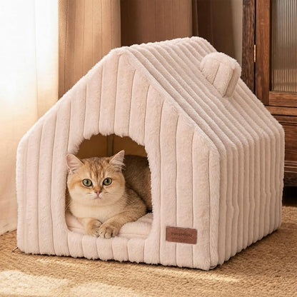 FUKUMARU Cat Bed Cave, Enclosed Washable Covered Dog Bed with Support Frame | Large Cat House for Indoor Cats, Cozy Cat Hideaway for Anxious Cats, Soft Plush Faux Fur Cat Tent Bed, Non-Slip Bottom