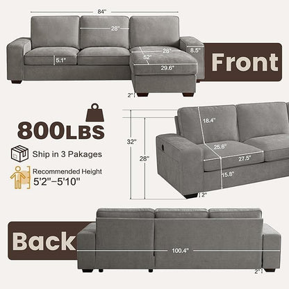 PARKOL 99" L-Shaped Sectional Couch with Storage, Sofa with Reversible Chaise, USB Type-C Charging, Chenille Fabric, Removable Cushion Covers, for Small Space, Apartment, Living Room, Light Gray