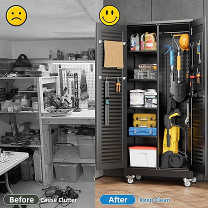 SUXXAN Broom Closet with Wheels 71"x 31.5"x15.75", Metal Cleaning Cabinets with