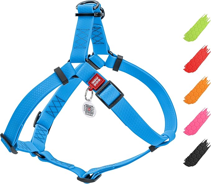 WAUDOG Waterproof Dog Harness - Adjustable, Heavy Duty with Durable Metal Clasp & QR Dog Tag - Modern Style for Medium Dogs - Blue, Size S: 16-22"