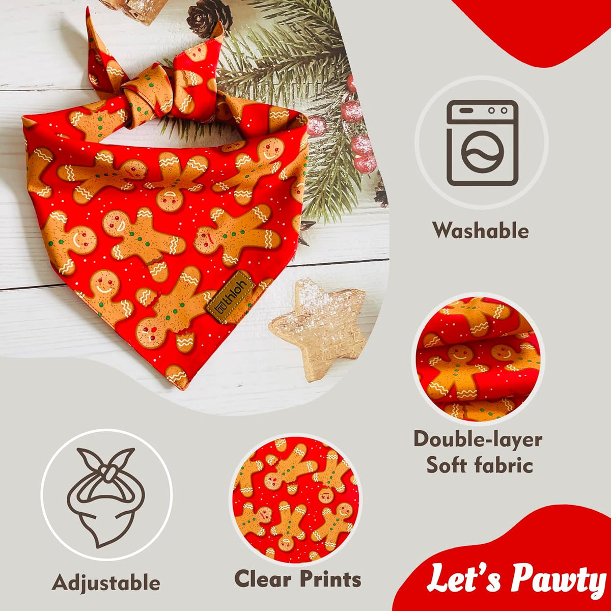 Christmas Dog Bandanas - 2 Pack Reversible Gingerbread Man Dog Scarf for Boy & Girl, Premium Durable Fabric, Festival Dog Bib, Holiday Bandana for Small and Medium Dogs (Small)