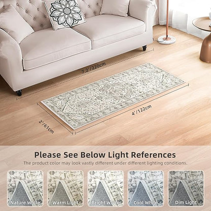 2x4 Rugs Boho Small Washable Area Rugs for Entryway Bathroom Kitchen, Small Rugs Soft Low Pile Non-Slip Rubber Backing Oriental Door Mat(Border Cream