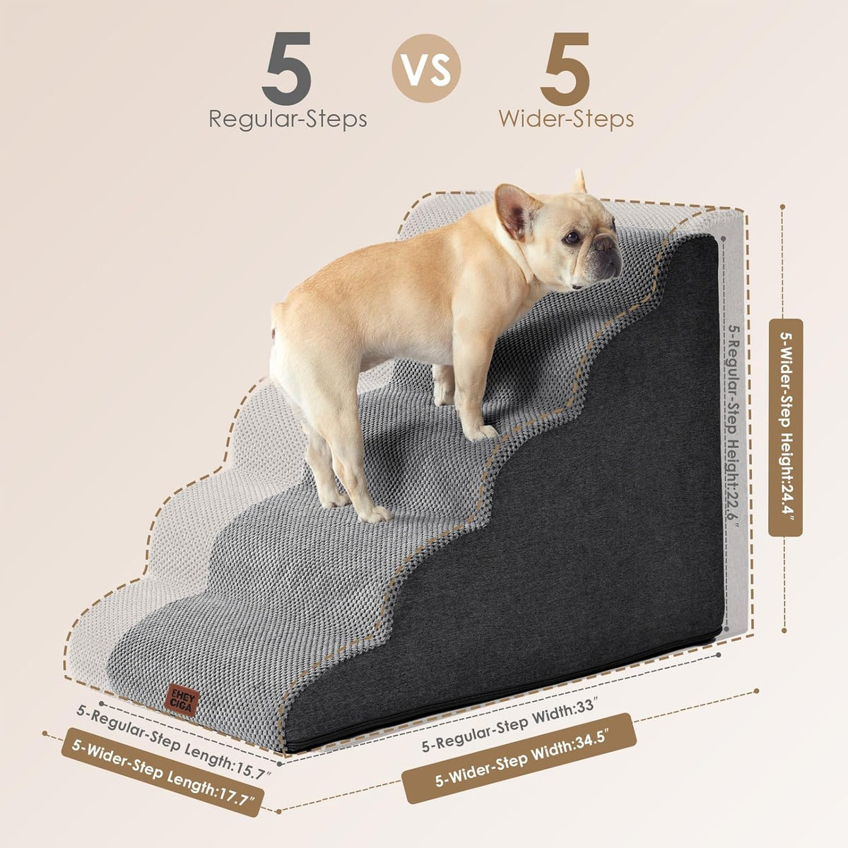 EHEYCIGA Curved Dog Stairs Ramp for High Beds, 5-Step Extra Wide Dog Steps for Small Dogs and Cats, Pet Stairs for High Bed Climbing, Non-Slip Balanced Pet Step Indoor, Grey