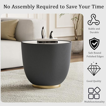 Round Coffee Table Set with Sintered Stone Tabletop, 27.56" Grey Drum Center Table and 19.69" Grey Coffee Table Set, 2 Pieces Living Room Table Set with Fluted PU Leather Cover& Metal Base