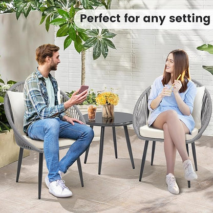 wildformers 3 Pieces Bistro Set, Woven Rope Chair with Cushions, All Weather Patio Conversation Set and Side Table, Ideal for Deck, Balcony, Poolside, Grey