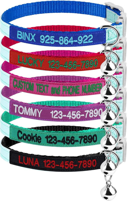 Personalized Nylon Cat Collar Breakaway with Bell, Custom Glow in The Dark ID Collar with Embroidered Name and Phone Number (Glow in The Dark)