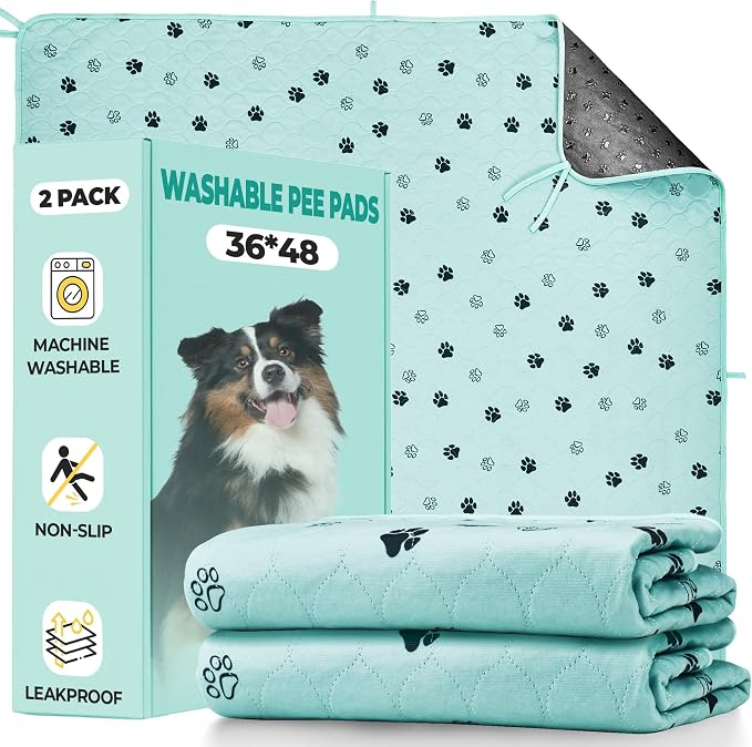 Fostanfly Washable Pee Pads for Dogs, 2 Pack Large 36"x48" Ultra-Absorbent and Leak-Proof Non-Slip Reusable Potty Training Pads for Dogs, Cats, Puppy, Potty of Add 8 Lanyards, Green