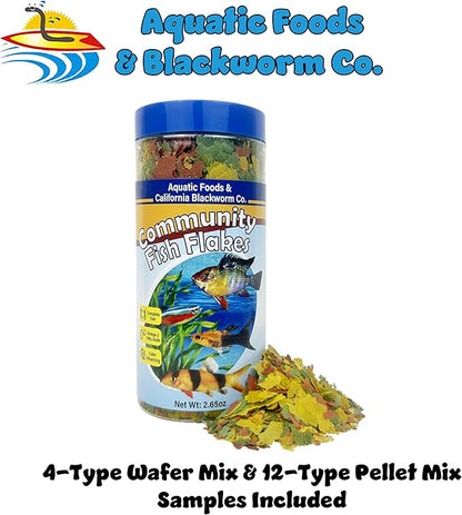 Aquatic Foods Inc. Community & Tropical Fish Flakes, for Angel Fish, Guppies, Live Bearers, Loaches, Gouramis, Catfish, Cichlids, 12-Type Pellet Mix & 4-Type Wafer Mix Included..2.65oz Canister