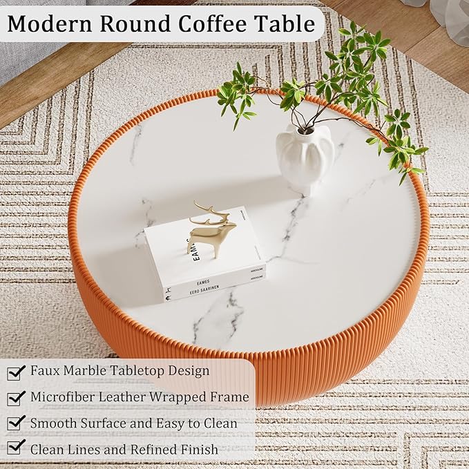 Round Coffee Table Set with Sintered Stone Tabletop, 29.53" Orange Drum Center Table and 19.69" Black Coffee Table Set, 2 Pieces Living Room Table Set with Fluted PU Leather Cover& Metal Base