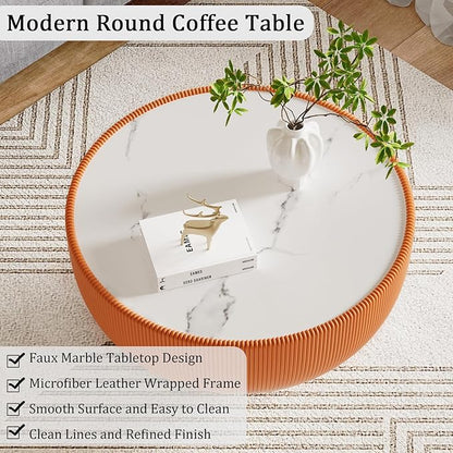 Round Coffee Table Set with Sintered Stone Tabletop, 29.53" Orange Drum Center Table and 19.69" Black Coffee Table Set, 2 Pieces Living Room Table Set with Fluted PU Leather Cover& Metal Base