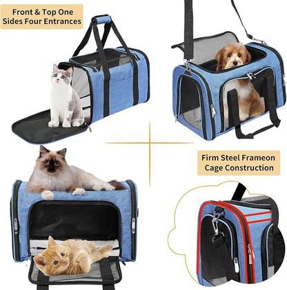 Soft-Sided Cat/Dog/Pet Carrier, Collapsible Pets Travel Carriers for Big Cats/Small Dogs with Shoulder Strap & Removable Mat, Mesh Puppy Carry Bag, Up to 25 Lbs (Blue)