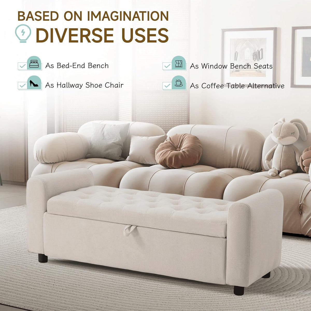 Ottoman with Storage, Tufted Storage Bench for Bedroom, 48" Fabrics End of Bed Bench, Upholstered Entryway Shoe Benches with Rolled Arm & Inner Zipper, Window Ottomans Chest without Rivets, Beige