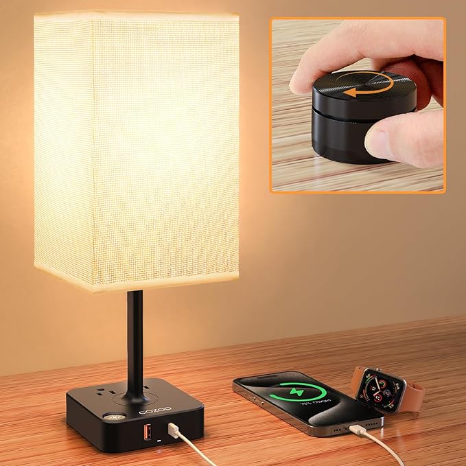 COZOO Bedroom Table Lamp with Remote Operation Control,Dimmable Bedside Table Desk Lamp with USB C+A Charging Ports 2 AC Outlets,Nightstand Lamp White Shade Lamp for Living Room,Dorm,Home Office,Decor