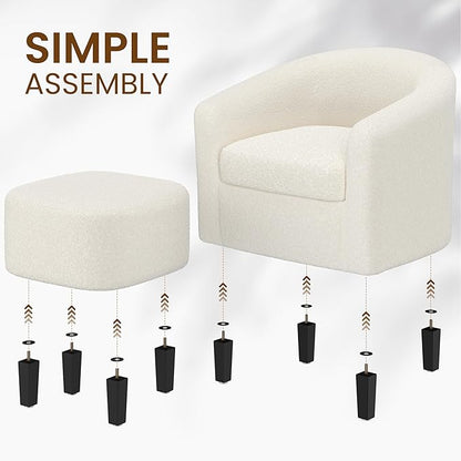 Yaheetech Accent Chair and Ottoman Set, Modern Fuzzy Sherpa Barrel Chair and Footrest, Comfy Boucle Armchair and Footstool for Living Room/Bedroom/Reading Room/Guestroom, Ivory