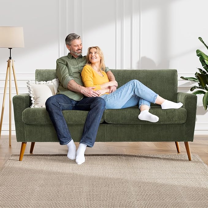 WEUP 68" Loveseat Sofa Green Corduroy Couch, Mid Century Modern Love Seat Couches for Living Room, Small Loveseat for Bedroom Office, Comfy Sofa with Spring Cushion, Solid Wood, Tool-Free Assembly