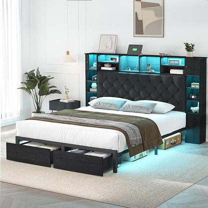 Queen Bed Frame with Bookcase Headboard and Storage Drawers, 51.2" Metal Platform Queen Size Bed Frame with Charging Station and LED Lights, Velvet Upholstered Tufted Bed Frames, Black