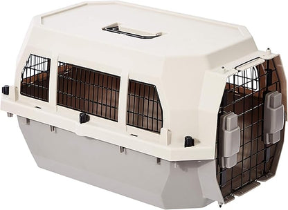Amazon Basics Hard-Sided Dog and Cat Kennel Single-Door Travel Pet Carrier with Metal Wire Ventilation, 23.6"L x 15.7"W x 13.0"H, Beige