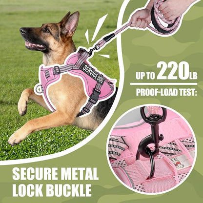Service Dog Tactical Vest Harness and Leash Set Medium Sized Dog Emotional Support- Tactical Dog Harness Training Collar with Name (Pink, M)