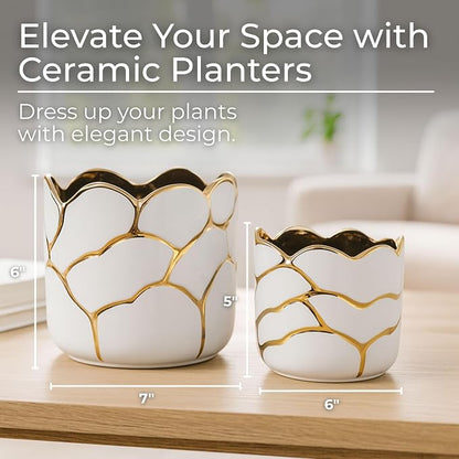 Set of 2 Plant Pots for Indoor Plants – Ceramic Planters with Gold Accents, Decorative Pots for Home Decor, Modern Indoor/Outdoor Ceramic Planter Set, Stylish Pot for Plants – 6/7", White